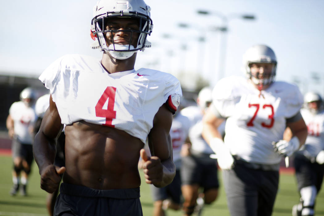 UNLV Rebels wide receiver Randal Grimes (4) completes drills during practice at Rebel Park, at ...