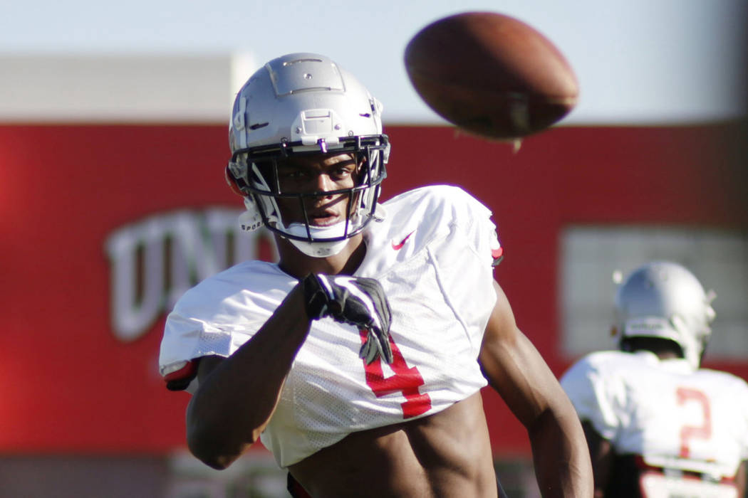 UNLV Rebels wide receiver Randal Grimes (4) completes drills during practice at Rebel Park, at ...