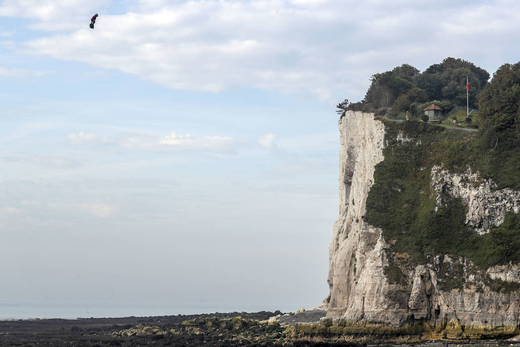 French inventor Franky Zapata lands near St. Margaret's beach, Dover after crossing the Channel ...