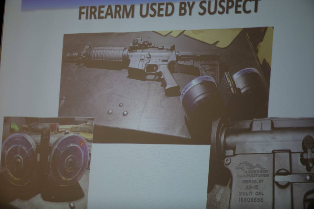 The firearm used by the shooter Connor Betts, 22, is projected on a screen during a press confe ...