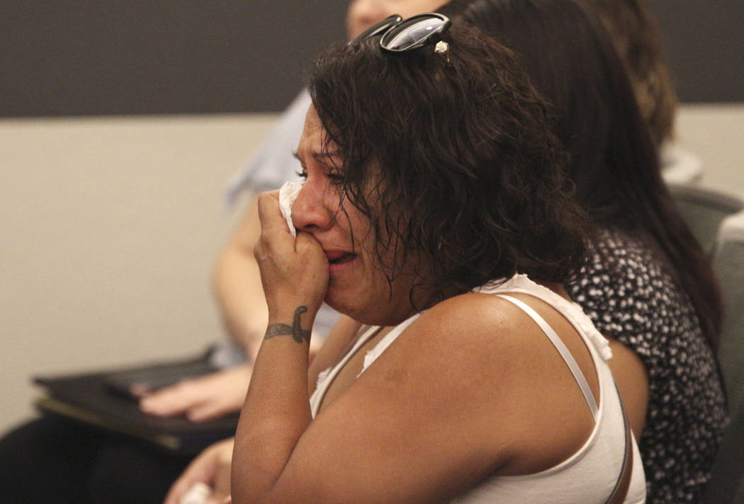 Maria Samano, mother of victim Diana Hernandez, cries at the Regional Justice Center on Monday, ...