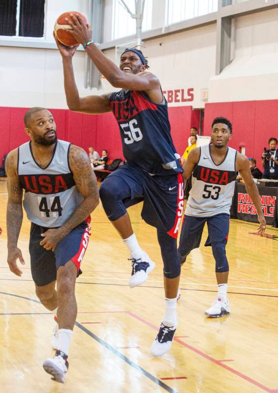 Center Myles Turner (56), of the Indiana Pacers, jumps for a layup against Forward P.J. Tucker ...