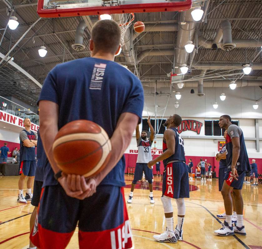 Forward Jaylen Brown (33), of the Boston Celtics, center, attempt a free-throw after the USA ba ...