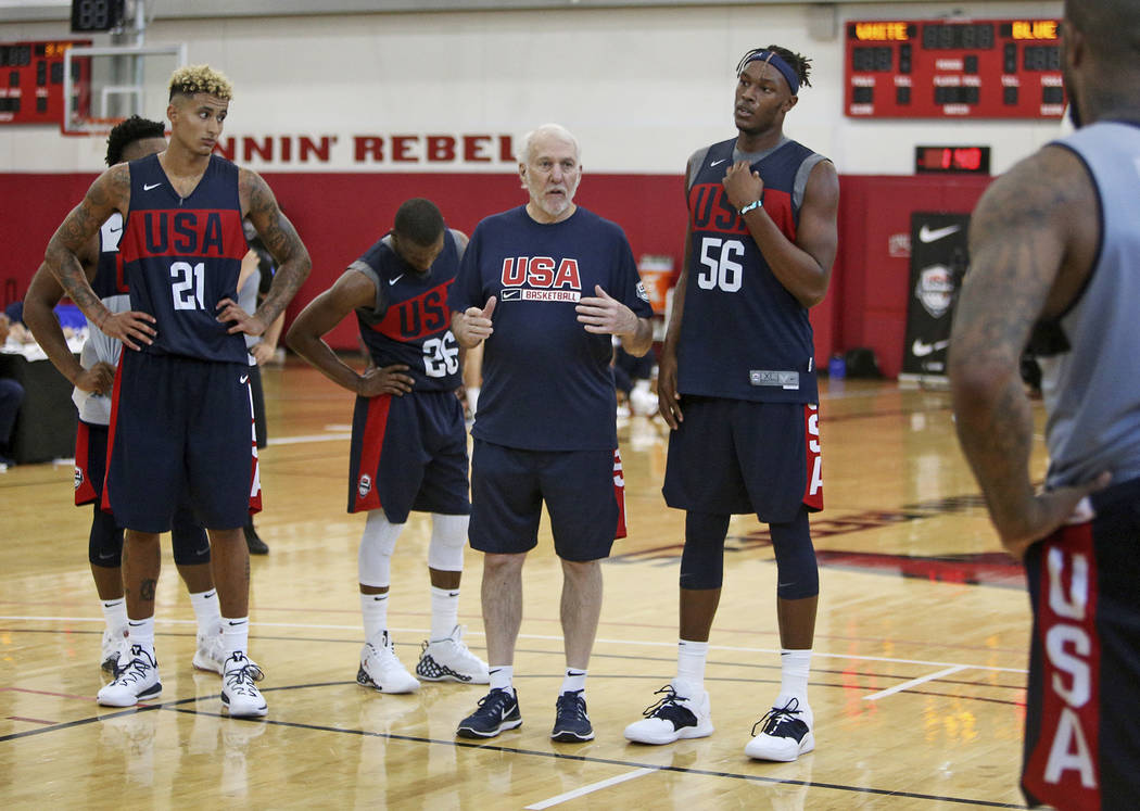 Coach Gregg Popovich of the San Antonio Spurs speaks to players during practice for the USA Men ...