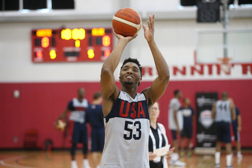 Utah Jazz guard Donovan Mitchell (53) shoots a free throw during the Team USA training camp at ...