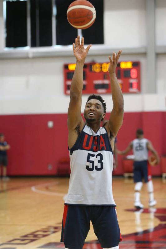 Utah Jazz guard Donovan Mitchell (53) shoots a free throw during the Team USA training camp at ...