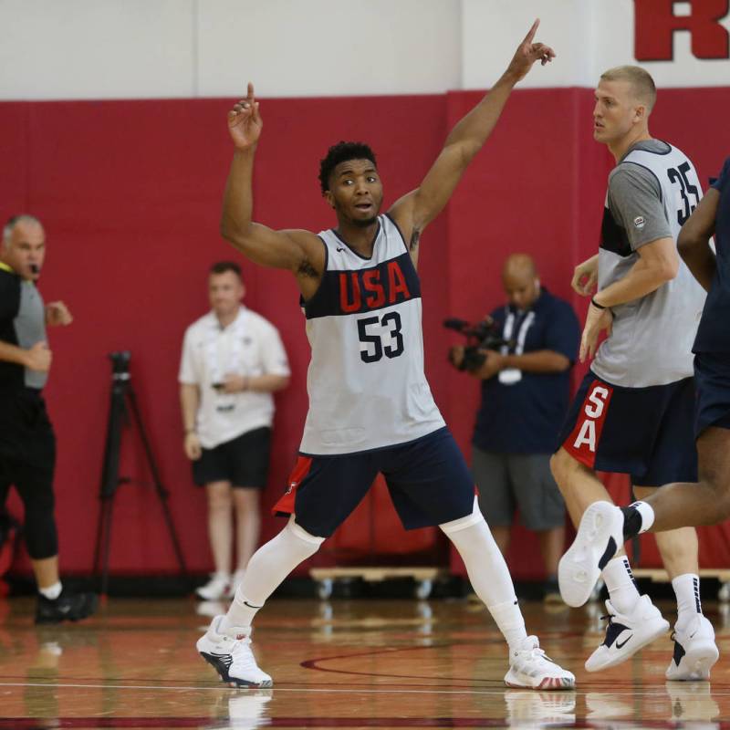 Utah Jazz guard Donovan Mitchell (53 ) gestures during the Team USA training camp at UNLV's Men ...