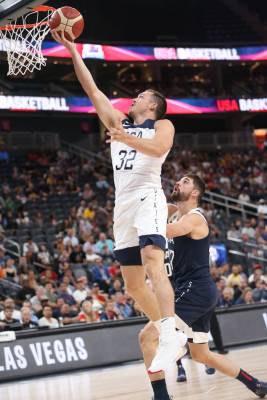 USA Men's National Team White guard Pat Connaughton (32) goes up for a shot against pressure fr ...