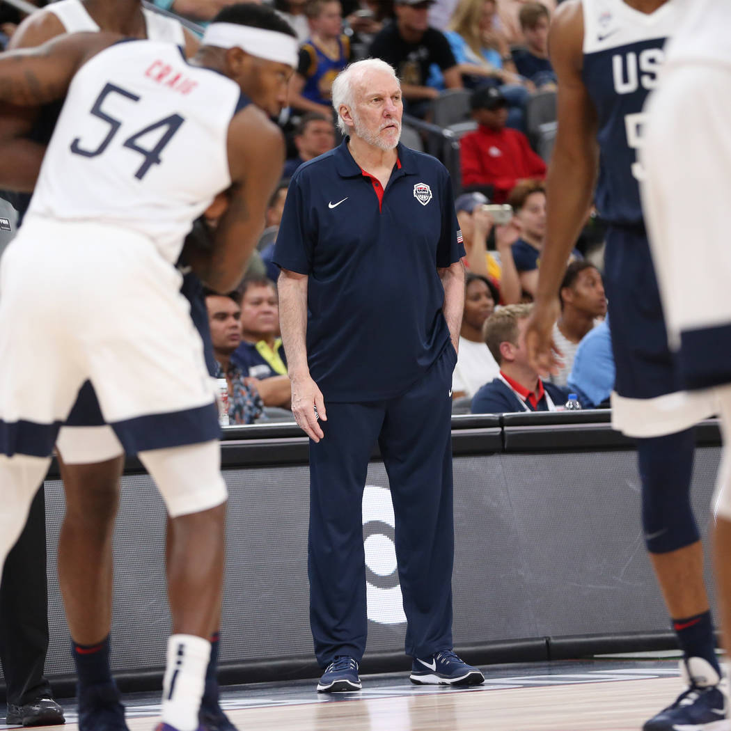 USA Men's National Team Blue coach Gregg Popovich watches during the fourth quarter of a basket ...