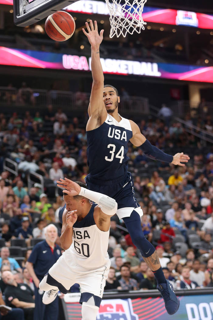 USA Men's National Team Blue forward Jayson Tatum (34) goes up for a shot as he is fouled by US ...