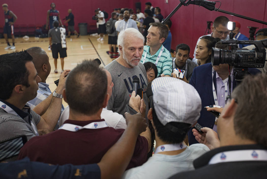 Head coach Gregg Popovich talks to members of the media at practice for the USA Basketball nati ...