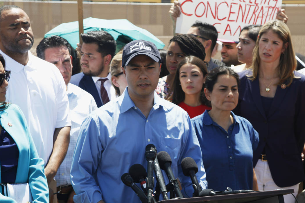 Rep. Joaquin Castro speaks alongside members of the Hispanic Caucus after touring inside of the ...