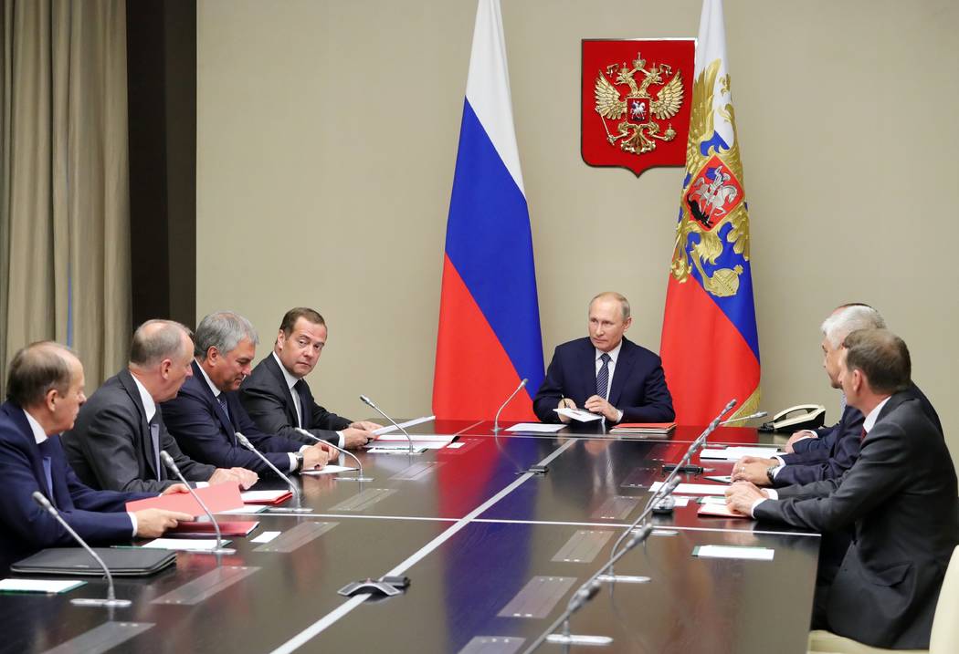 Russian President Vladimir Putin, center, chairs a Security Council meeting in the Kremlin in M ...