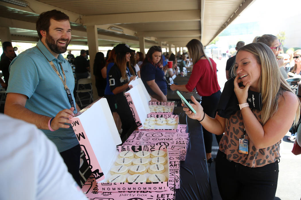 Allegiant employees attend an event to celebrate the naming of the Raiders future home, Allegia ...