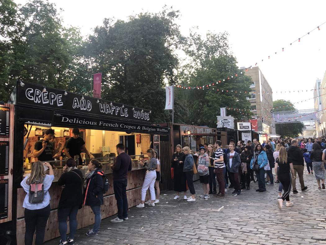 Street vendors at Edinburgh Festival Fringe on Monday, Aug. 5, 2019. (John Katsilometes/Las Veg ...