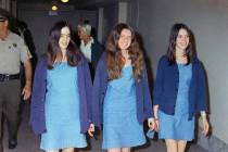 In an Aug. 20, 1970, file photo, Charles Manson followers, from left, Susan Atkins, Patricia Kr ...