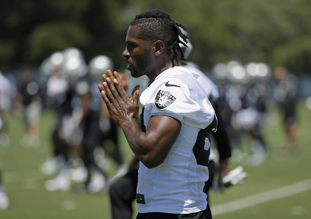 In this June 11, 2019, file photo, Oakland Raiders wide receiver Antonio Brown is shown during ...