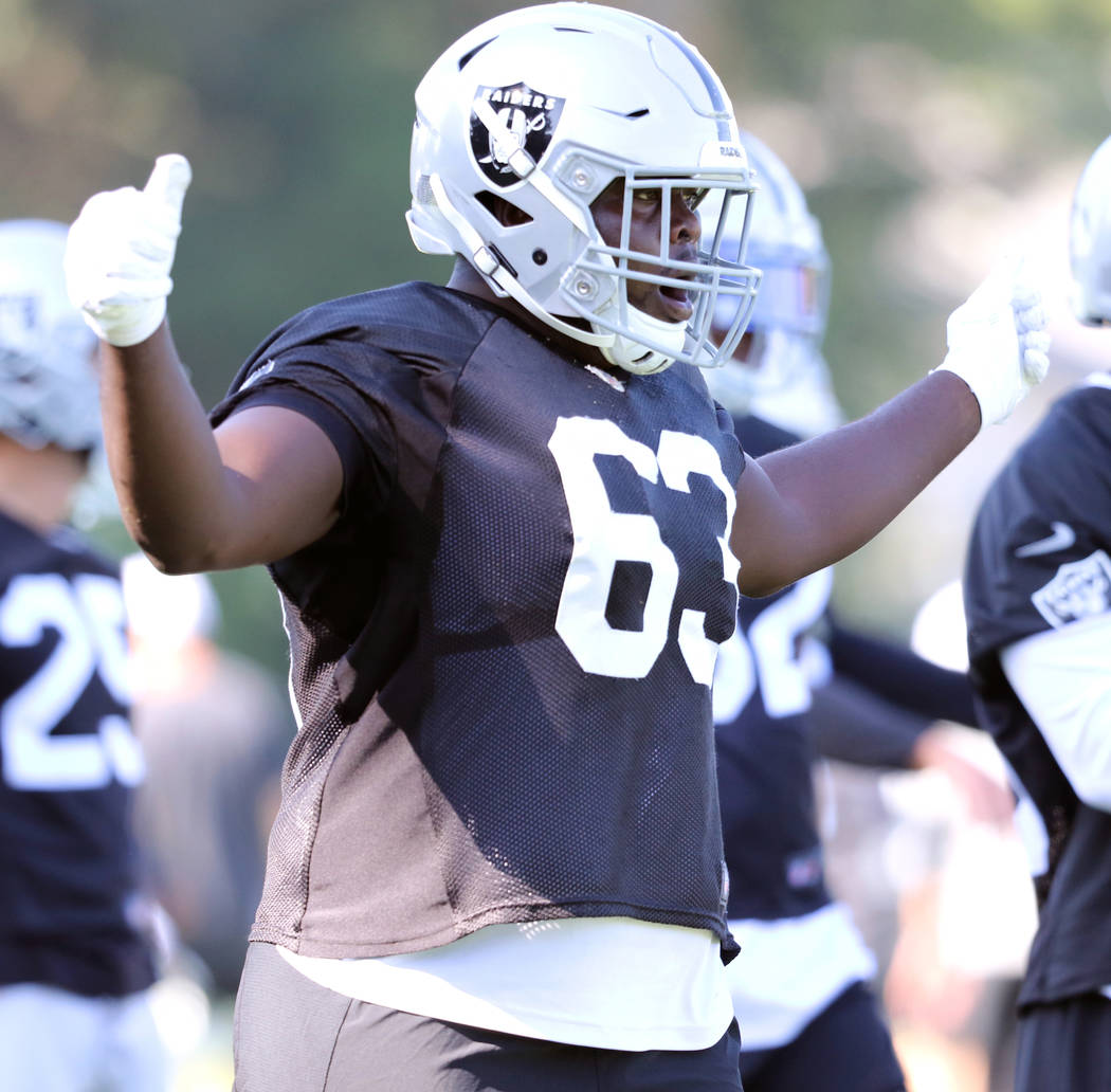 Oakland Raiders defensive tackle Ronald Ollie (63) stretches during the NFL team's training cam ...