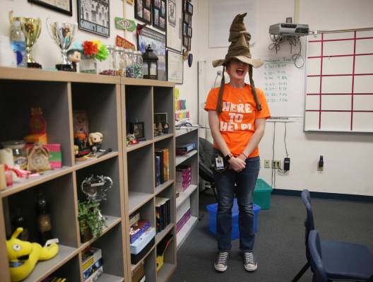 Eighth-grade math teacher Alexandra Kenney gives a tour of her Harry Potter-themed classroom at ...