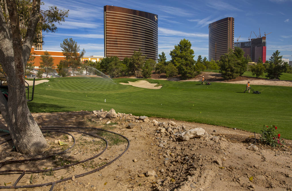 A view of the 17th green at Wynn Golf Club on Tuesday, July 30, 2019, in Las Vegas. The newly d ...