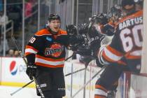 Fort Wayne Komets defenseman Curtis Leonard (10) receives congratulations from his teammates af ...