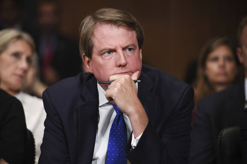 FILE - In this Sept. 27, 2018, file photo, then-White House counsel Don McGahn listens as Supre ...