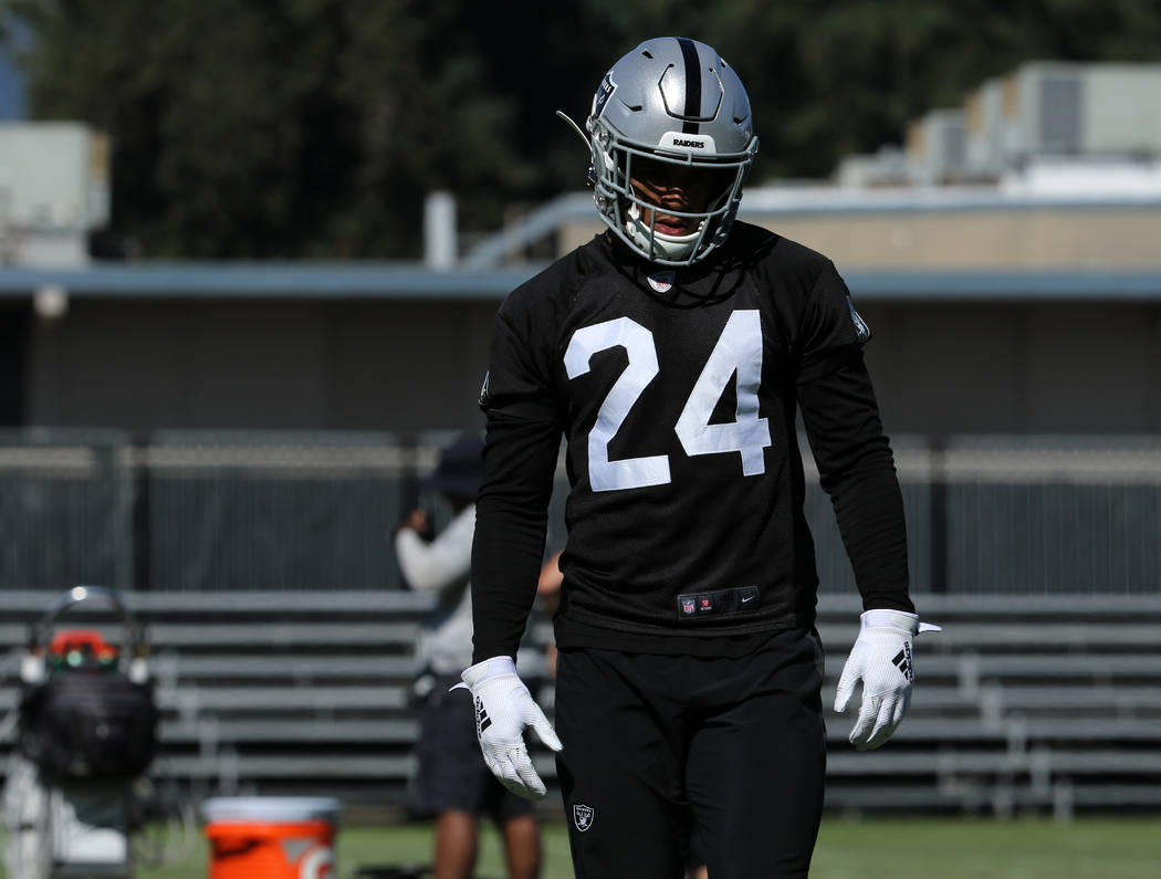 Oakland Raiders safety Johnathan Abram (24) walks on the field during the NFL team's training c ...