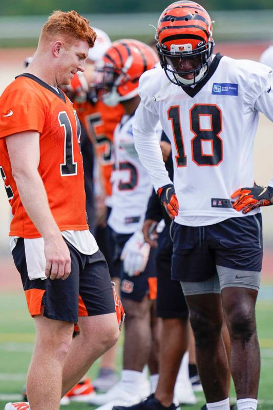 Cincinnati Bengals quarterback Andy Dalton (14) talks with wide receiver A.J. Green (18) during ...