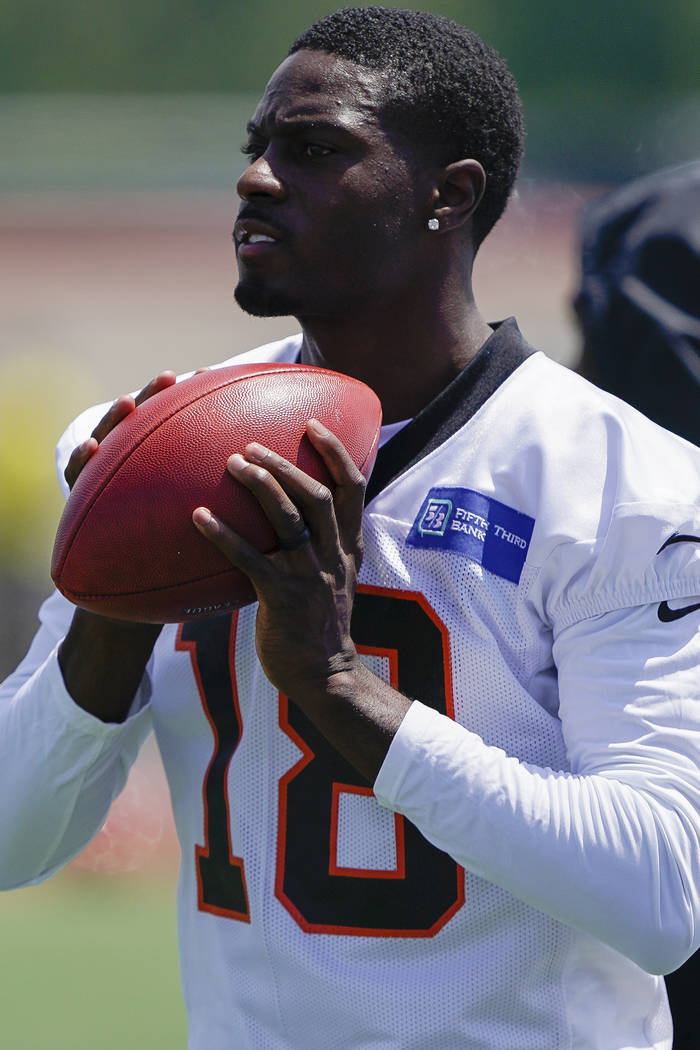 Cincinnati Bengals wide receiver A.J. Green (18) catches a pass before practice on the first da ...