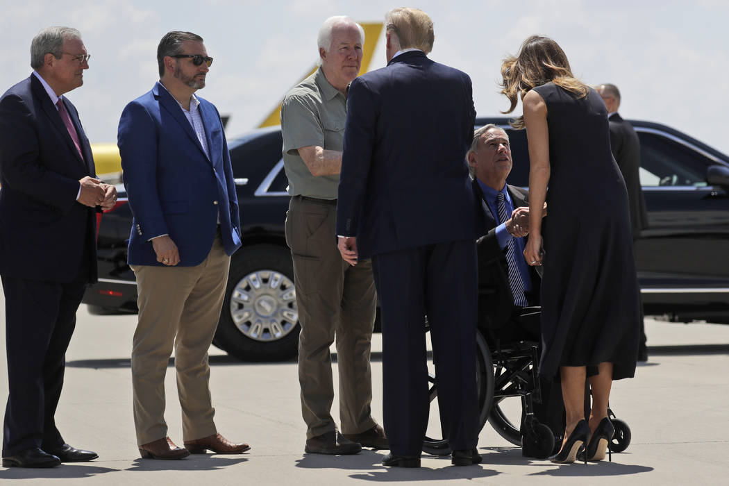 President Donald Trump greets Sen. John Cornyn, R-Texas, as Sen. Ted Cruz, R-Texas, second from ...