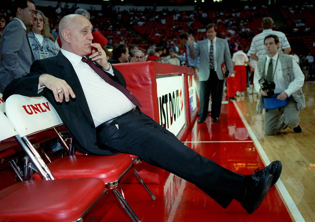 Jerry Tarkanian waits to coach his last game for UNLV at Thomas Mack on March 4, 1992. (Jeff Sc ...
