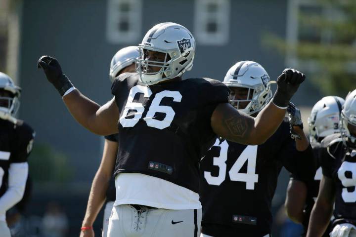 Oakland Raiders offensive guard Gabe Jackson during NFL football training camp Thursday, Aug. 8 ...