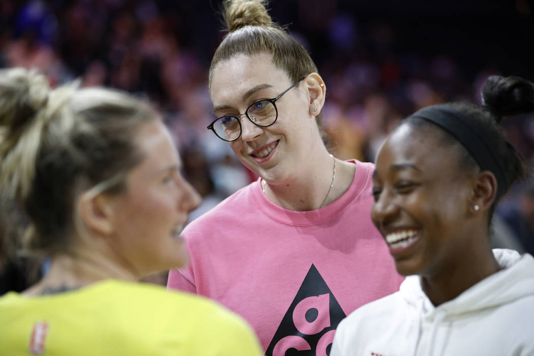 Seattle Storm's Breanna Stewart, center, attends the WNBA All-Star festivities Friday, July 26, ...