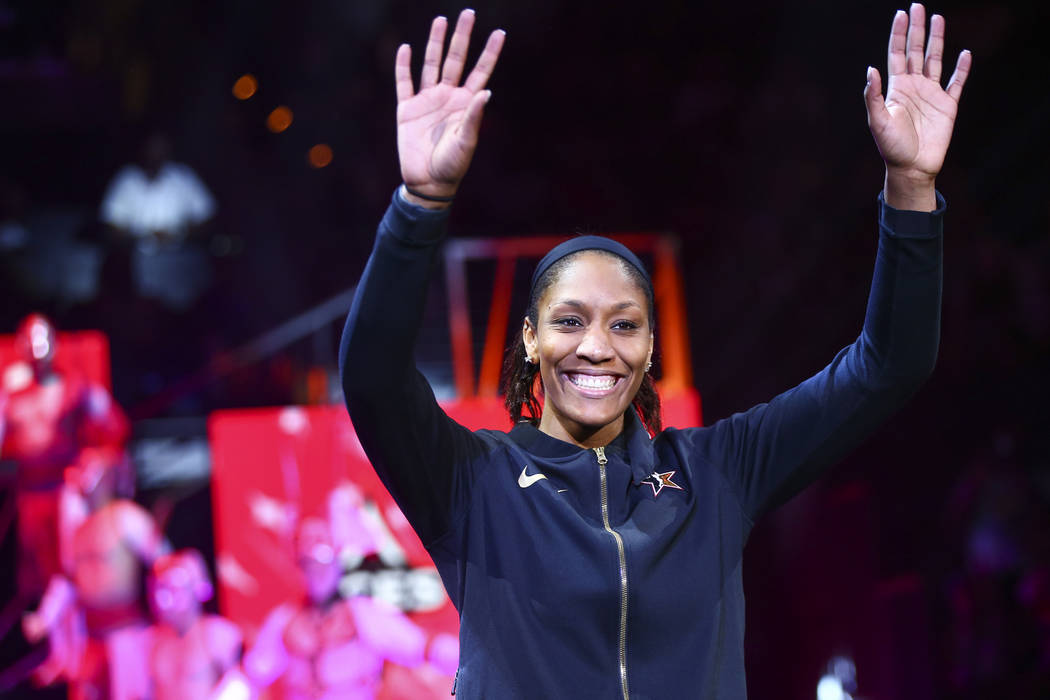 Las Vegas Aces' A'ja Wilson is introduced before the start of the WNBA All-Star Game at the Man ...