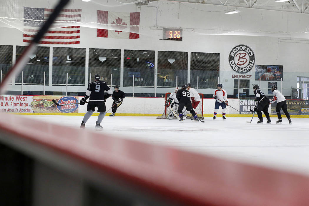 Ronnie's Hockey Club plays a pickup ice hockey game at the Las Vegas Ice Center in Las Vegas on ...