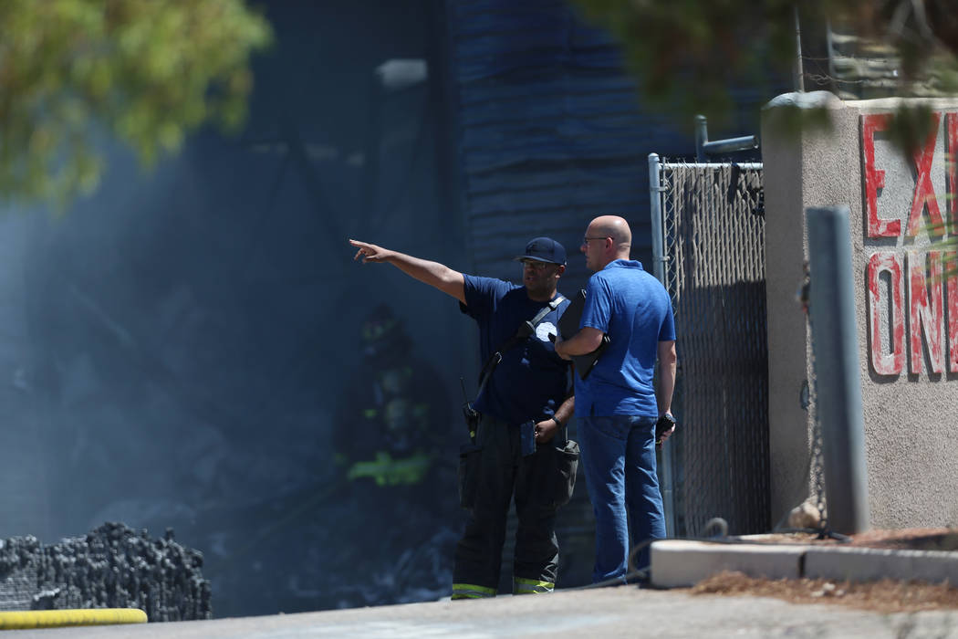 The scene of a structural fire near the intersection of Losee Road and West Lake Mead Boulevard ...