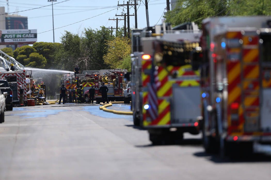 The scene of a structural fire near the intersection of Losee Road and West Lake Mead Boulevard ...