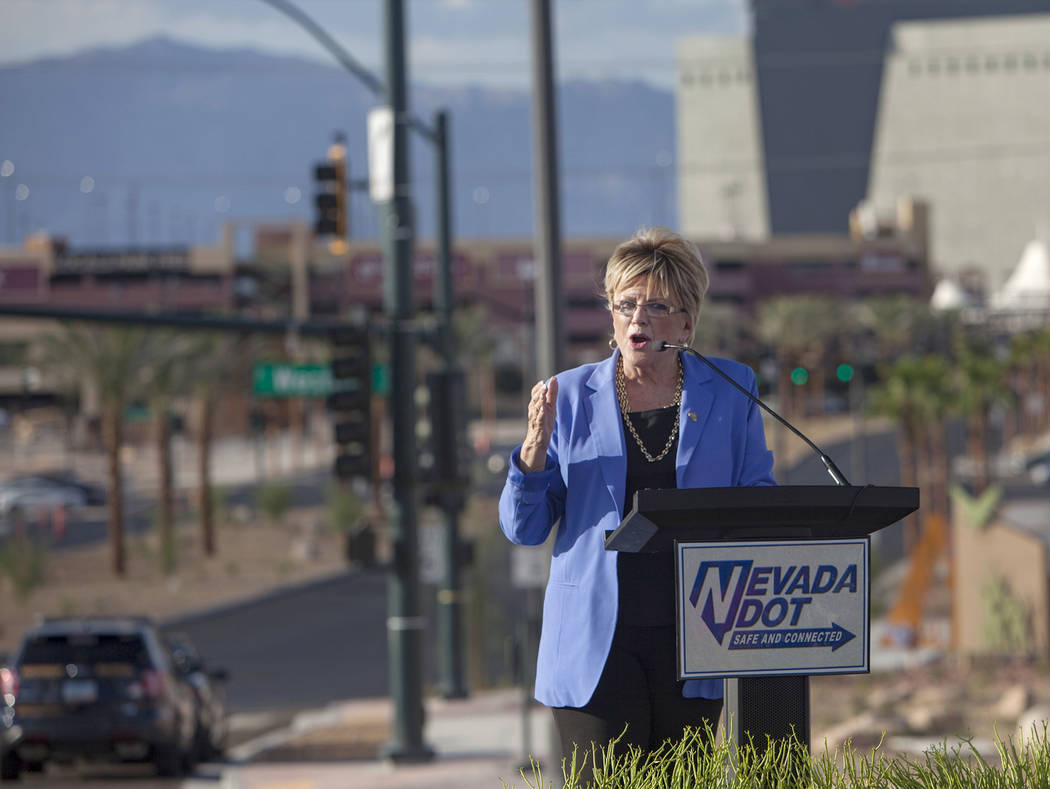 Las Vegas Mayor Carolyn Goodman addresses guests in front of the reconstructed Charleston Inter ...