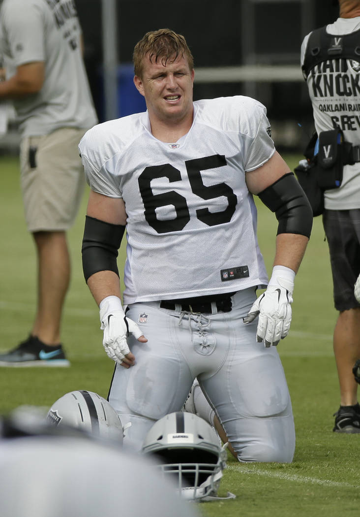 Oakland Raiders lineman Jordan Devey during NFL football training camp Monday, July 29, 2019, i ...