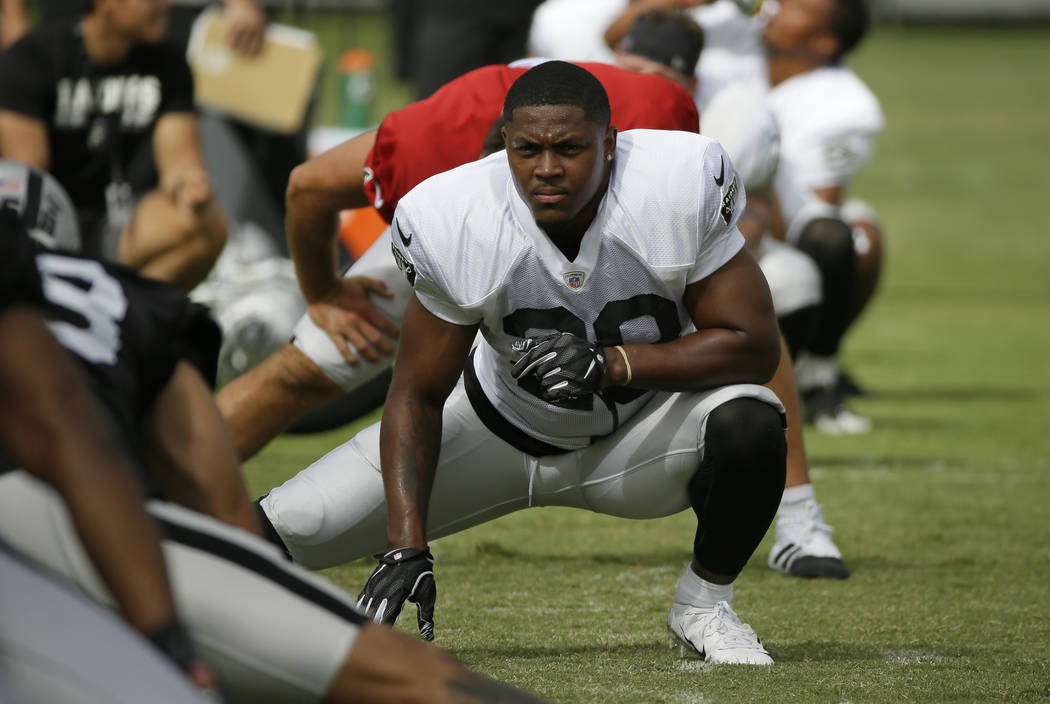 Oakland Raiders running back Josh Jacobs (28) during NFL football training camp Monday, July 29 ...