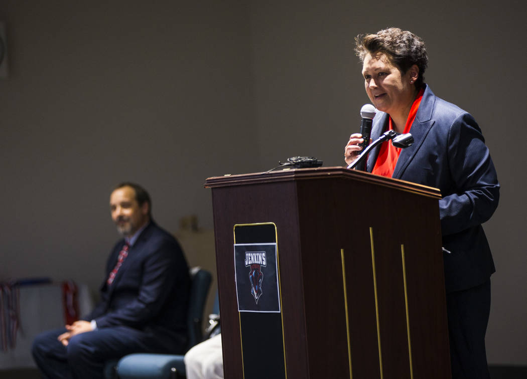 Principal Deborah Palermo speaks during a ribbon-cutting ceremony for Earl Jenkins Elementary S ...