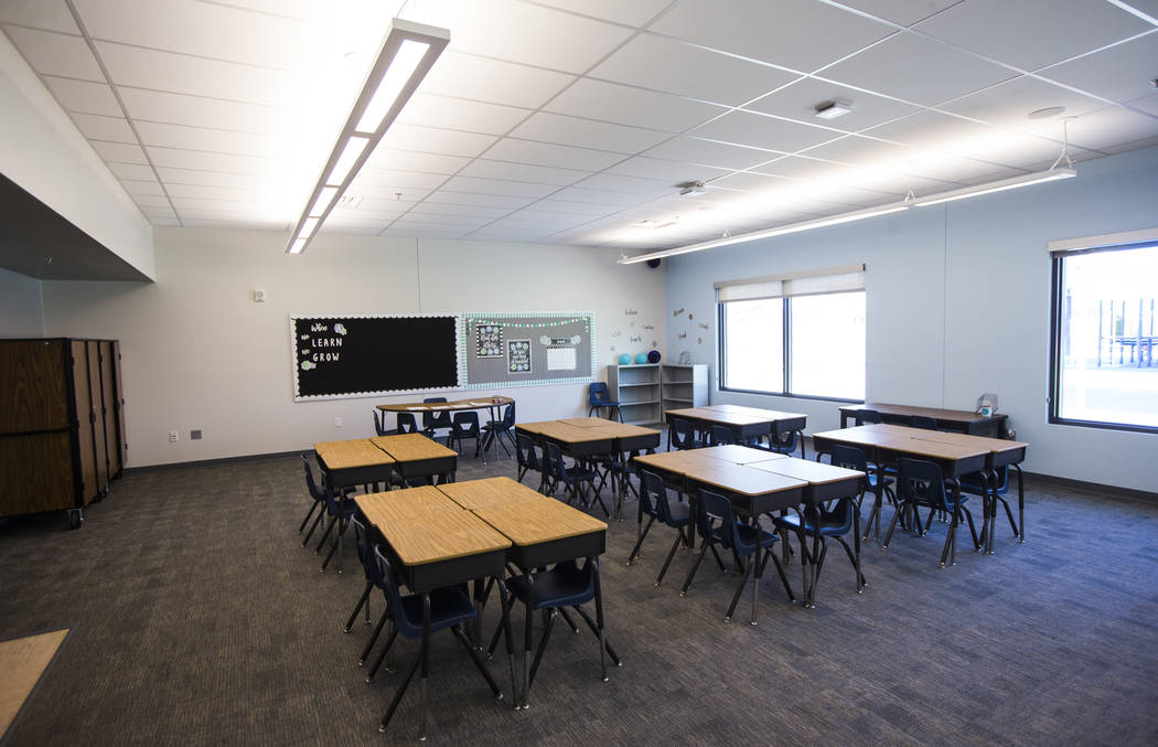 An empty classroom at Earl Jenkins Elementary School in east Las Vegas on Friday, Aug. 9, 2019. ...