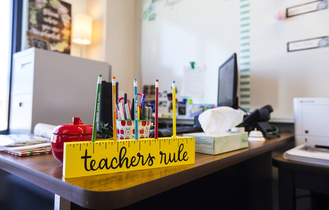 A teacher's desk at Earl Jenkins Elementary School in east Las Vegas on Friday, Aug. 9, 2019. ( ...