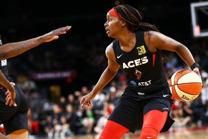 Las Vegas Aces guard Sugar Rodgers moves the ball against the Seattle Storm during the second h ...