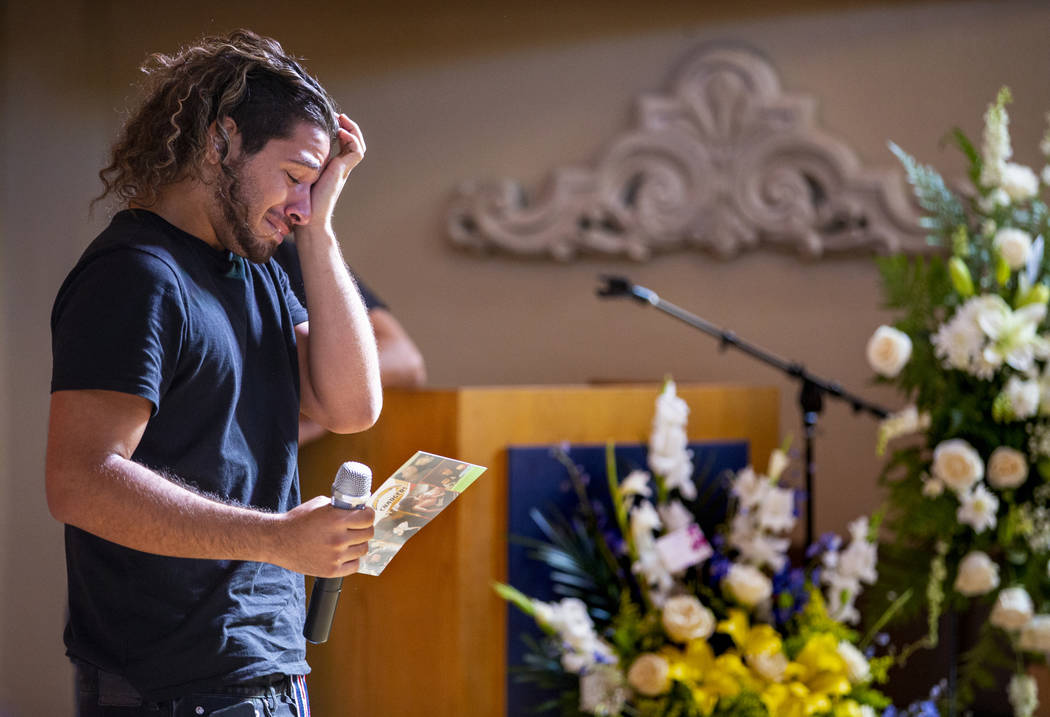 Scott Hills, a close friend of Harlee Deborski, breaks down for a moment while speaking during ...