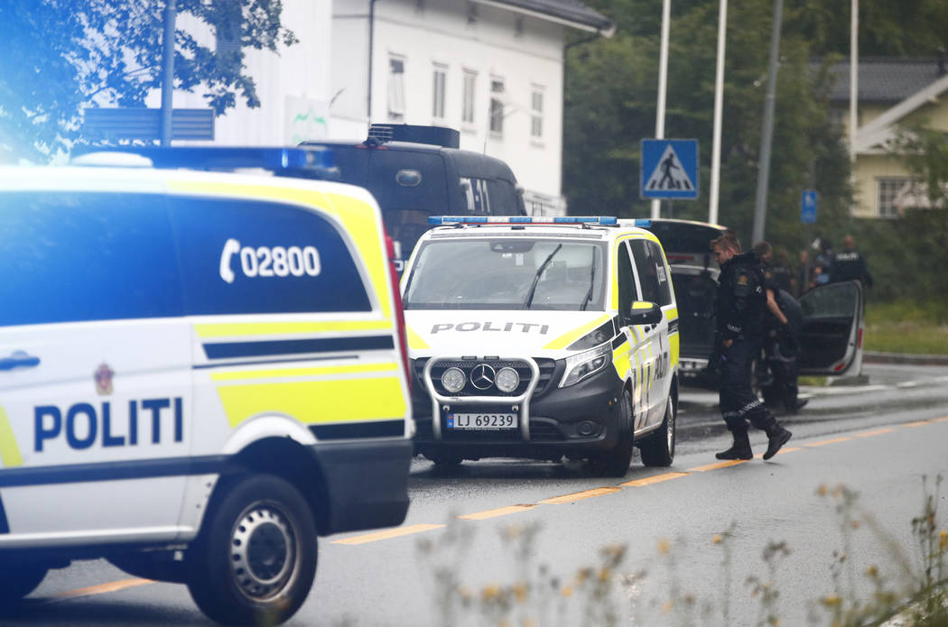 Police attend the scene after a shooting inside the al-Noor Islamic center mosque in Baerum out ...