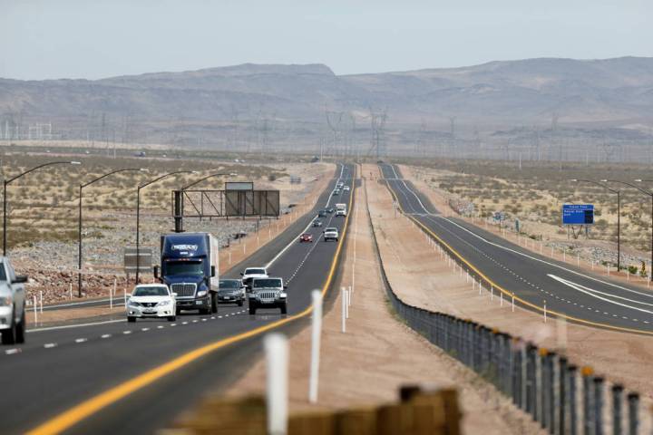 Traffic moves on the northbound lanes of Interstate 11 near U.S. Highway 95 near Boulder City o ...