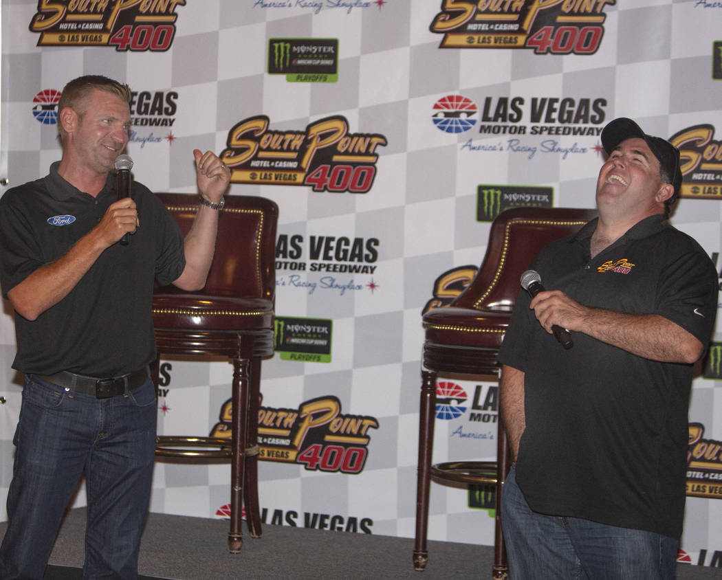 Nascar professional Clint Bowyer, and professional stock car racer Brendan Gaughan laugh while ...