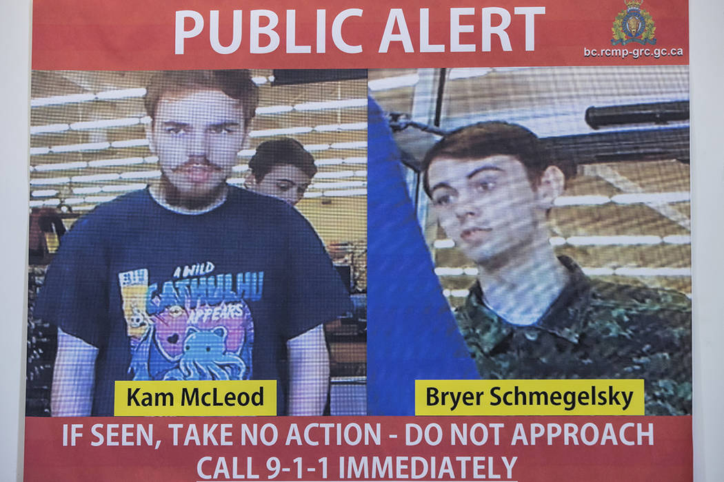 In this July 23, 2019 file photo, security camera images of fugitives Kam McLeod, 19, and Bryer ...