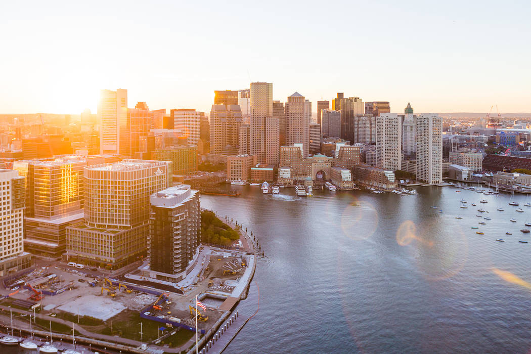 Aerial photograph of the East Boston Waterfront at Sunset. (Getty Images)